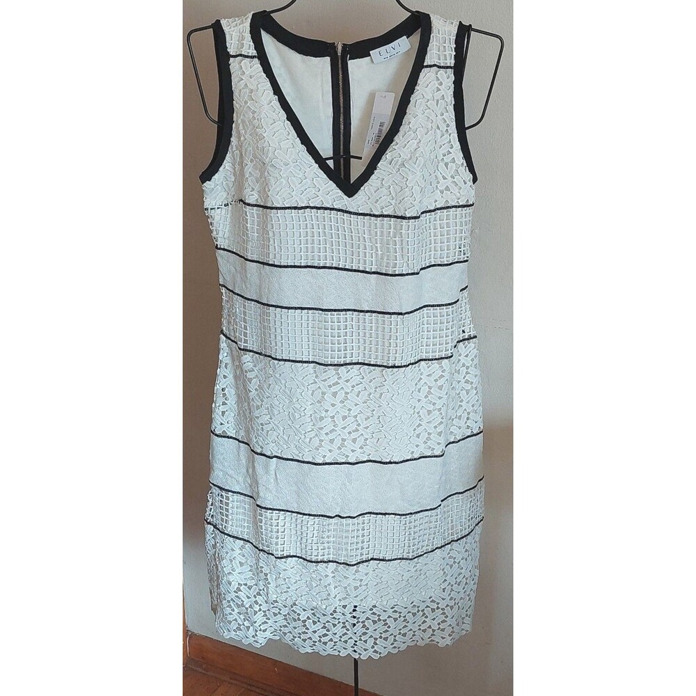 Nwt Elvi Us Sz 14 Uk Sz 18 Shift Dress Crochet Lace Lined White Black Trim New - Picture 2 of 11